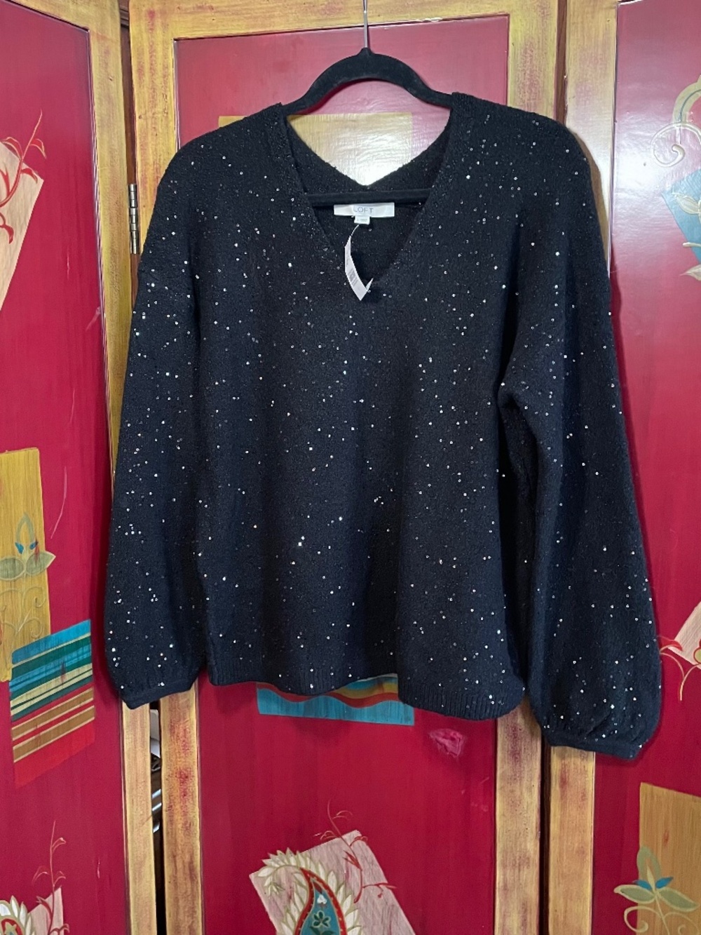 Vintage NEW NWT Y2K Loft Sz L Black Pullover Sweater Sequins V-Neck NYE Holiday